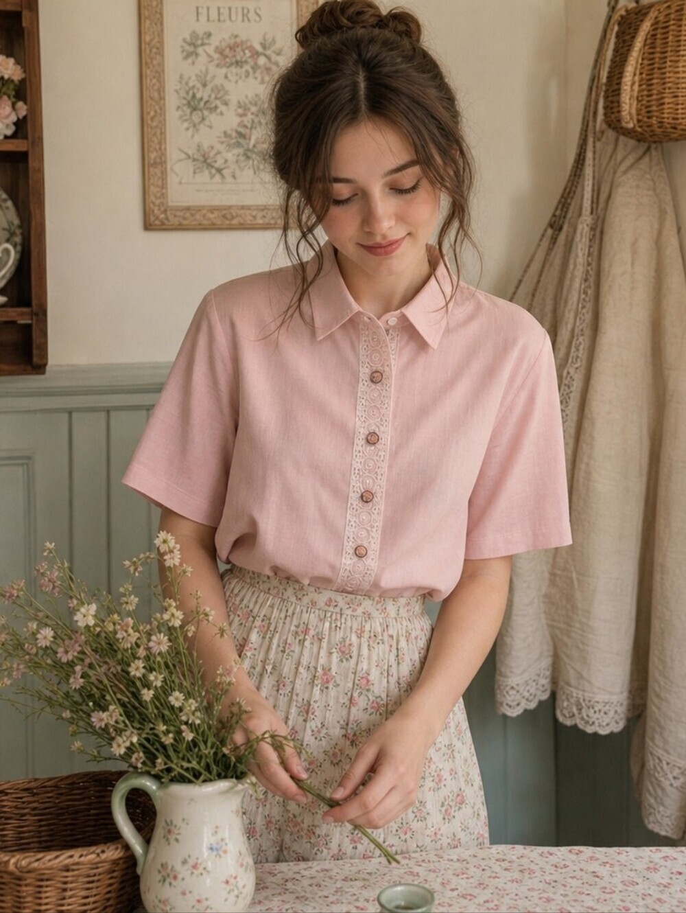 VTG 80s California Connection Pink Lace Trim Blouse NWT SZ Large